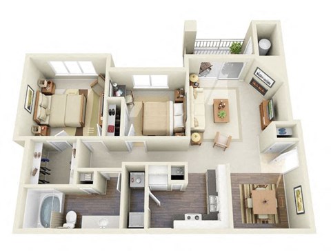 Floor plan for 2 beds, 1 bath, 970 sqft